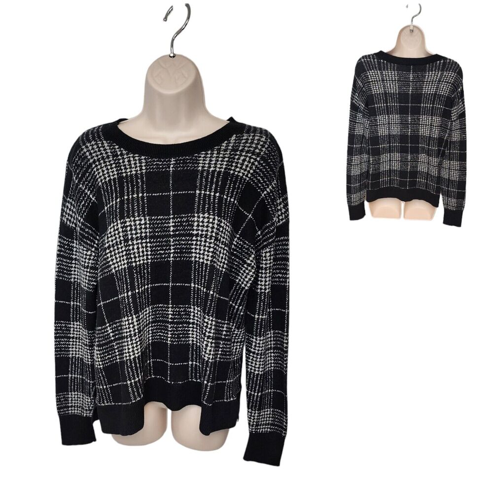Ann Taylor Factory Black & White Window Pane Long Sleeve Round Neck Sweater Sz L